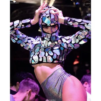 Shiny Clubwear Lézer tükör pulóver felsők Rövidnadrág Rúd Tánc Jelmez Nightclub Gogo Jazz Színpad Tánc Rave Rave Outfit