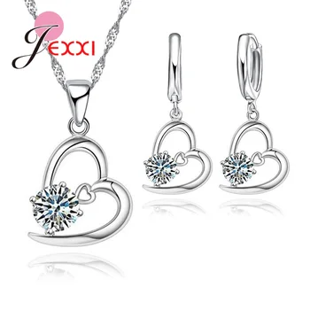 Shiny Heart ékszer szettek nőknek Divat üreges kristály nyaklánc / fülbevaló szett 925 Sterling ezüst fehér lila medál