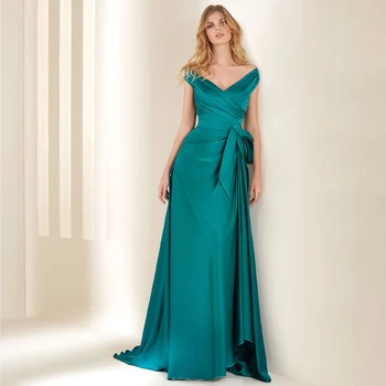 Smaragdzöld estélyi ruha szatén 2023 le a vállról A vonalas női ruhák V nyak ujjatlan masni Elegang szalagavató 