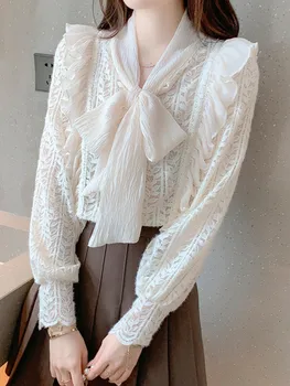 SMTHMA Új őszi divat sifon masni csipke üreges blúz ing női Francia design hosszú ujjú elegáns fodros felső