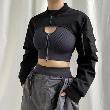 Szuperrövid fekete kabát cipzáras hosszú ujjú haradzsuku vágott felső ingek gótikus techwear divat koreai punk utcai viselet