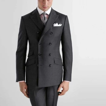 Sötétszürke öltöny férfiaknak Blézer dupla mellű csúcsos hajtóka divat teljes készlet Smart Casual 2 részes kabát nadrág Normál ruhák