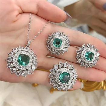 Temperament retro zöld cirkónium állítható gyűrű/nyaklánc/fülbevaló ékszerkészletek női születésnapi partihoz Luxus kiegészítők