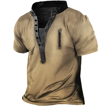 Tough Man katonai parancsnok Új taktikai férfi póló Férfi kültéri cipzáras vintage nyomtatás bő szabású rövid ujjú ing