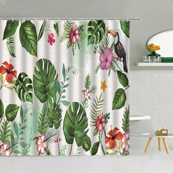 Trópusi növény Monstera pálmalevél zuhany függöny tavaszi növény téma divat vízálló szövet Home Fürdőszoba Dekor Függönyök