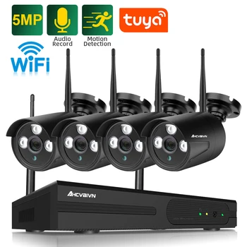 Tuya videó megfigyelő kamera rendszer vezeték nélküli Wifi NVR készlettel 5MP 4CH intelligens otthon kültéri audio CCTV biztonsági kamera készlet