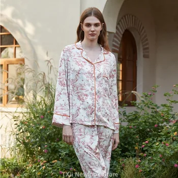 TXii Newlook [NARANCSSÁRGA NYOMTATÁS] Jégselyem pizsama Női High-end Sense ins stílus hajtóka Tavaszi és nyári hosszú ujjú otthoni öltöny