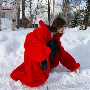 Téli meleg plüss mackókabátok nők Luxus piros műnyúl bunda Közép hosszú műszőrme kabátok Női laza vastagabb állvány gallér