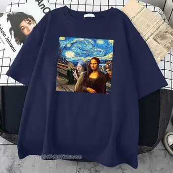 Vincent Mona Lisa szelfi nyomtatás Férfi pólók Vicces szabású pólók Egyszerűség Kiváló minőségű pólók Menő Oversize férfi ruházat
