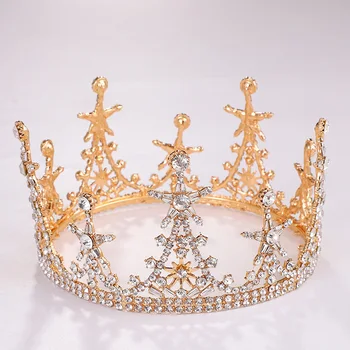 Vintage Star Gold Queen hercegnő kerek korona menyasszonyi fejpántok Crystal Pageant diadém menyasszonyi haj kiegészítőkhöz Tiara De Noiva