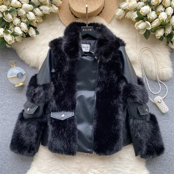 Winter New Women Faux Fox szőrme patchwork PU bőrdzseki sárgabarack fekete alkalmi streetwear hajtóka hosszú ujjú női motoros dzseki