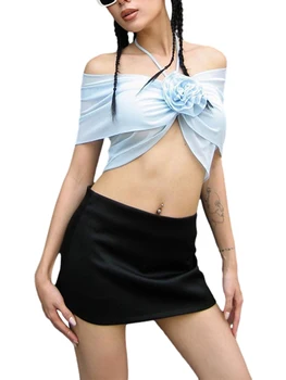 Y2k Tank Top nőknek 3D Floral Rucehd Camisole Rozetta Strappy Crop Tops Fairy Grunge Ujjatlan hát nélküli ruhák Kék közepes