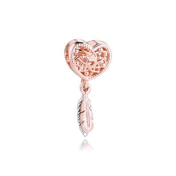 Áttört szív & Két toll Dreamcatcher Charm 925 Sterling ezüst gyöngyök illik Pandora karkötő női ékszerek Kralen barkácsolás készítése