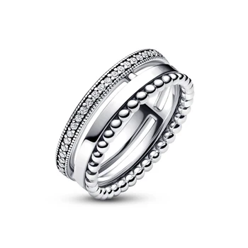 Új 925 sterling ezüst Pandora aláírás logó Pave & gyöngyök gyűrű nőknek születésnapi zsúr ékszer ajándék