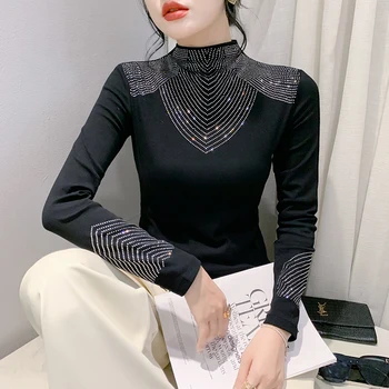 Új félmagas galléros hosszú ujjú fekete póló nőknek gyémánt pamut ing Női utcai ruházat Divat Slim Fit alkalmi felsők