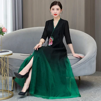 Új kínai stílusú könnyű nemzeti stílusú ruha temperamentum zöld továbbfejlesztett cheongsam rövid ujjú V-nyakú ferde fűzős ruha