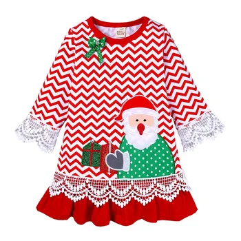 Új lányok karácsonyi ruhája Mikulás hímzett babaruhák Gyerekek aranyos szarvas nyomtatás Vestidos gyermek hosszú ujjú ruha 1-6 év