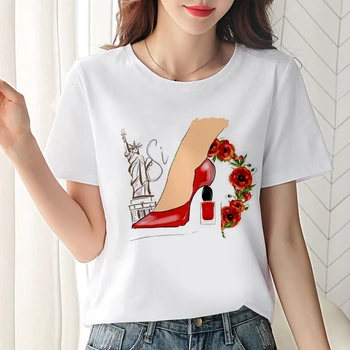 Új nők Szabadidő póló Haradzsuku Szexi lábak Magas sarkú cipő Nyomtatás O-nyakú póló Koreai Streetwear fehér rövid ujjú női póló