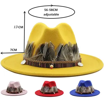 Őszi gyapjú Fedoras kalapok férfiaknak Unisex Panama filc sapka tollas öv Vantage kalap templom Panama retro kalap széles karimájú 2021 шапка